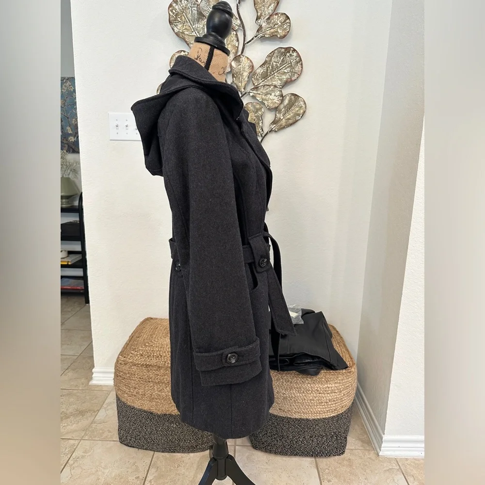 Liz Claiborne Dark Gray Wool Blend Hooded Coat Trench Jacket XL - Picture 6 of 8
